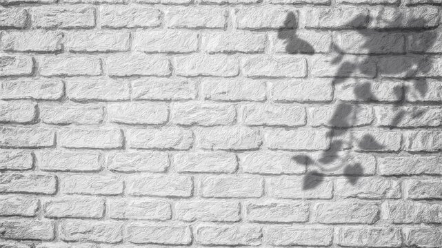 White brick wall texture with natural plant shadow overlay.Abstract interior background of a bright white brick wall texture with realistic details. 