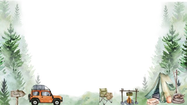 Watercolor forest camping background with orange offroad car and tent.Fun outdoor adventure background featuring a watercolor green pine forest frame. 