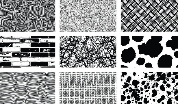 Grunge texture set, abstract monochrome backgrounds, distressed patterns, stipple, brick wall, scribble, ink splatter vector collection.
