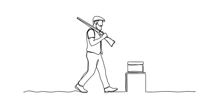 Continuous line drawing of a hunter with a rifle walking towards a box in a minimal artistic style