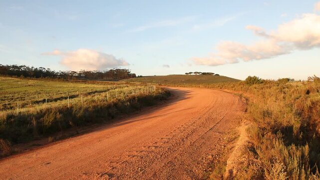 sunrise light falling on rural dirt road, Stanford, South Africa