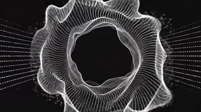 Abstract white particle tunnel swirling on a dark background