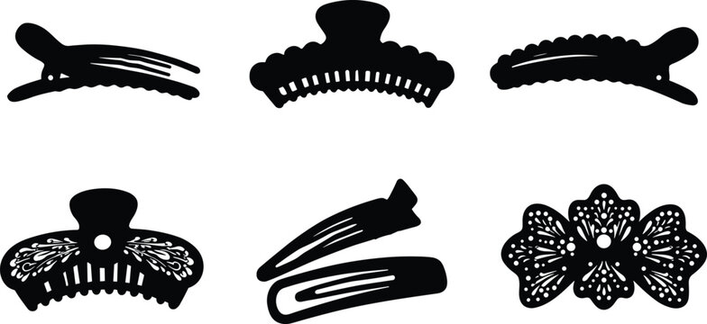 Hair clip and barrette icon set, assorted claw, snap, and decorative designs, black silhouette hair accessory illustrations, vector art