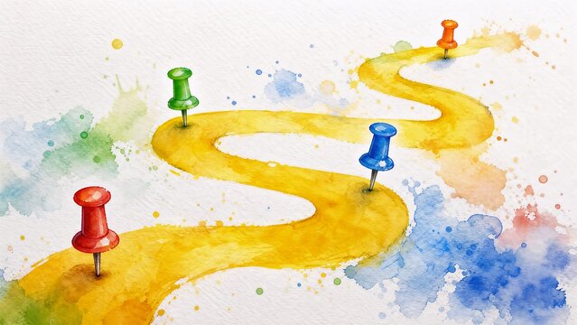 Watercolor Roadmap with Colorful Pushpins and Journey Path Illustration