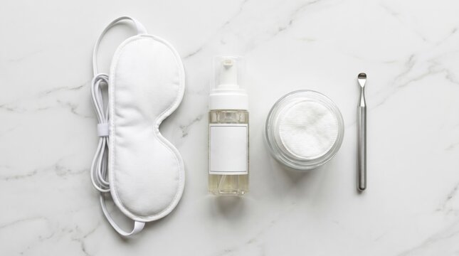 Dry eye treatment tools flat lay on marble surface