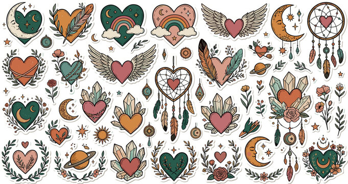 Boho Celestial Sticker Vector Set with Hearts Angel Wings Dreamcatchers Crystals Crescent Moons Rainbows and Botanical Elements in Earthy Tones