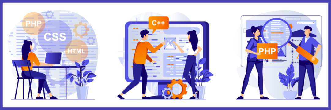 Modern web development vector illustration set, programming language concepts with PHP, CSS, HTML, C++; digital coding and software engineering