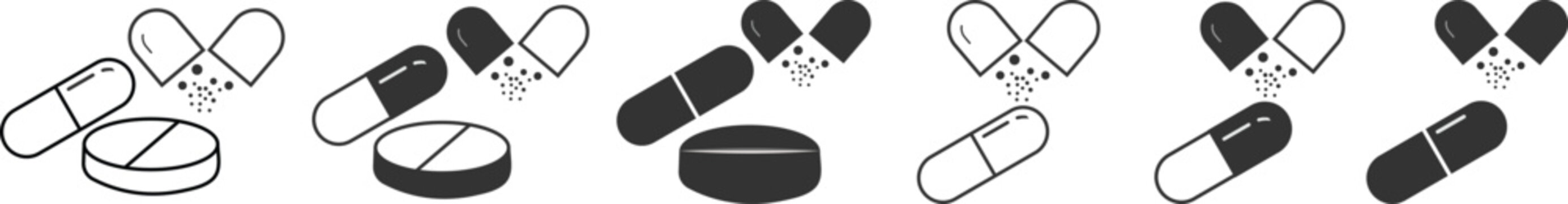 Flat illustration of various pill and capsule icons