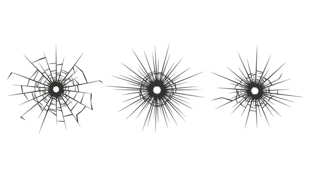 Broken glass bullet hole impact icons with shattered