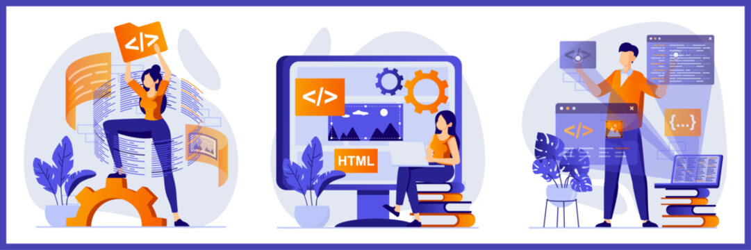 Set of web development and programming illustrations with developers working on code and design.