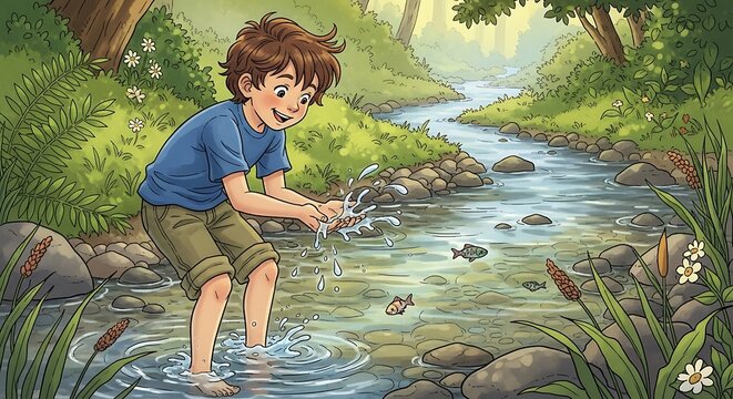 Young boy enjoying a peaceful moment by a stream.