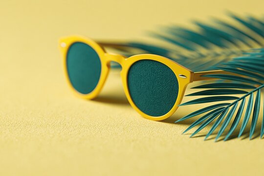 Sunglasses placed on yellow surface next to green tropical leaves in bright sunlight