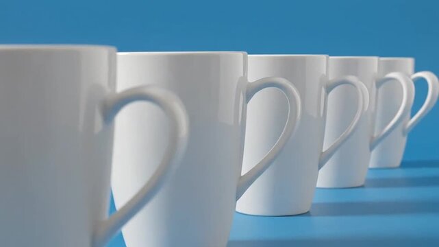 A row of white ceramic coffee mugs on a blue background