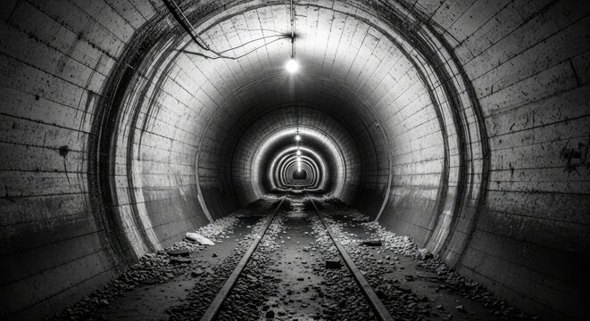 Perspective view inside a dark circular railway tunnel.