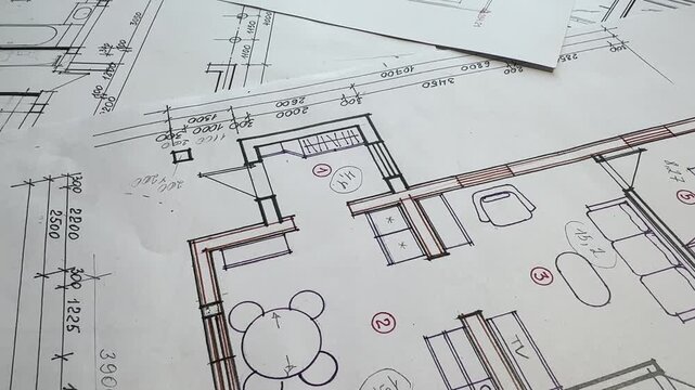 Architecture blueprint, rolled plans, clipboard and color samples, residential renovation planning, interior design workflow, architect workspace flat lay.