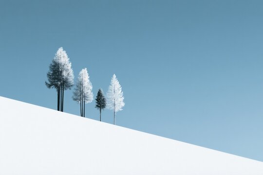 Tall trees stand on a snowy hill under a clear blue sky during winter season