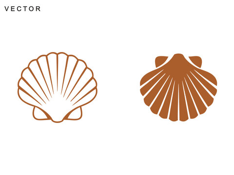 Scallop Shell Icons, seashell vector art, scallop shell line art and solid silhouette, Vector illustration