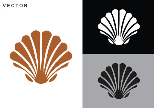 Scallop Shell Icons, seashell vector art, scallop shell line art and solid silhouette, Vector illustration