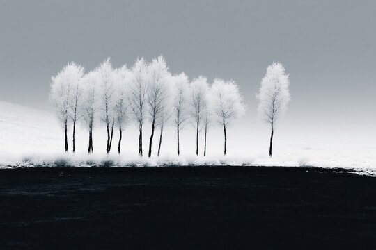 Winter trees stand in a line against a foggy background near a dark ground