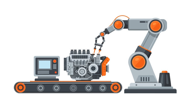Industrial robotic arm assembling car engine on conveyor belt vector illustration. Smart factory automation and modern manufacturing technology concept.