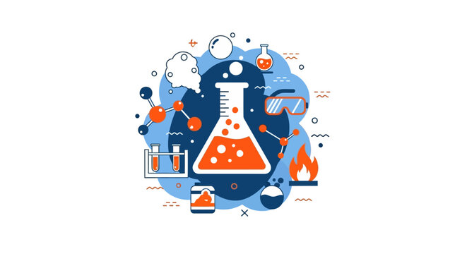 Flat Vector Illustration of Chemistry Lab Equipment with Erlenmeyer Flask, Molecules, and Scientific Tools for Research and Education Concept