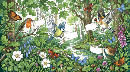 Enchanted Forest Vector Illustration with Singing Birds Holding Blank Ribbon Banners Surrounded by Wildflowers Butterflies and Lush Green Foliage Scenery © Md