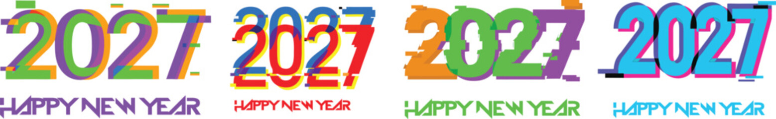 A collection of four distinct 2027 Happy New Year graphic text designs featuring creative typography and colorful styles. © Vivid Pixel Studio.