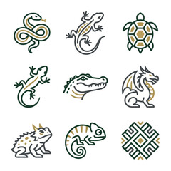 Reptile Icons Set: Snake, Lizard, Turtle, Crocodile, Dragon, Chameleon, and Geometric Pattern © Candra