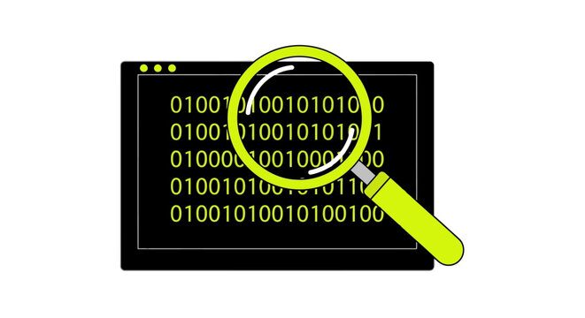Magnifying Glass Analyzing Binary Code on Digital Screen - Data Inspection and Cybersecurity Concept