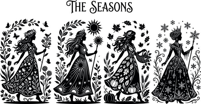 Four Seasons Goddess Silhouette Vector Illustration Set Featuring Female Personifications of Spring Summer Autumn and Winter in Ornate Decorative Borders