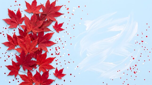 Happy canada day festive arrangement with red maple leaves white feathers and confetti on blue