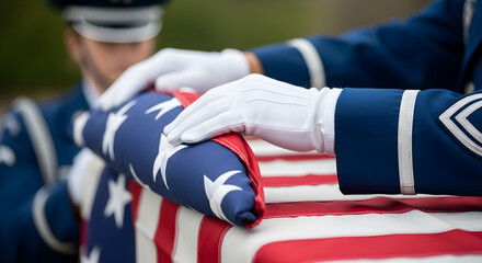 Fototapeta premium Military funeral ceremony with gloved hands on folded American flag