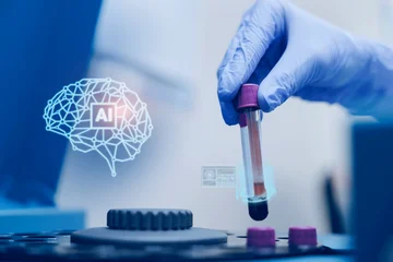 Blood collection tube held by gloved hand beside centrifuge with ai for lab analysis and medical diagnostics © Parilov