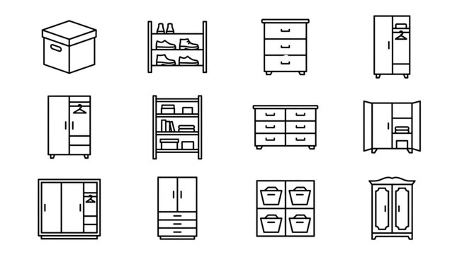 Black Furniture Icon Set with Wardrobes Closets Dressers and Storage Solutions Vector Illustration