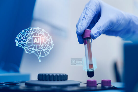 Blood collection tube held by gloved hand beside centrifuge with ai for lab analysis and medical diagnostics