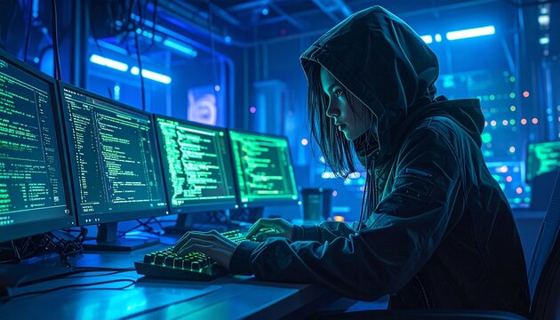 Focused Hacker Working on Complex Code with Multiple Monitors