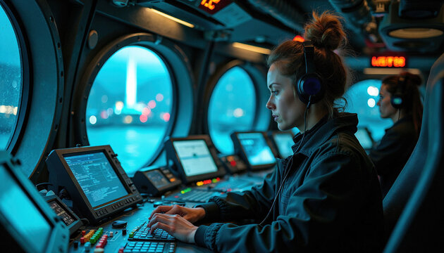 Woman with headphones works at complex control panel with monitors in maritime command center. Navigation bridge crew monitors ship operations on waterway at night. Futuristic tech dashboard.