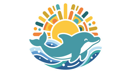 Fototapeta premium Joyful Dolphin Splashing in Waves at Sunrise - Vibrant Graphic Art for Coastal Enthusiasts