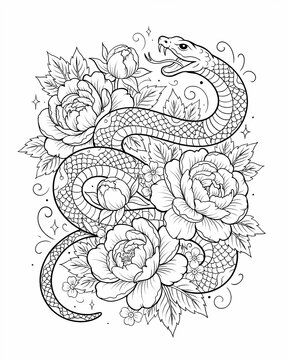 Traditional tattoo style snake and peony flower design