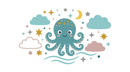 Obraz premium Playful Octopus Graphic Design, Underwater Scene, Child-Friendly Illustration, Whimsical Environment, Cartoon Style