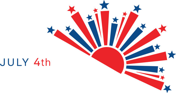 Independence Day graphic features a stylized sunburst of red and blue fireworks with small stars.