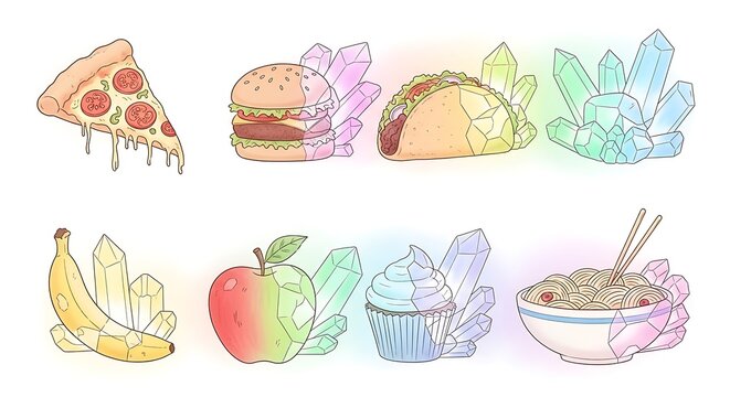 Colorful watercolor illustration of fresh vegetables and fruits.