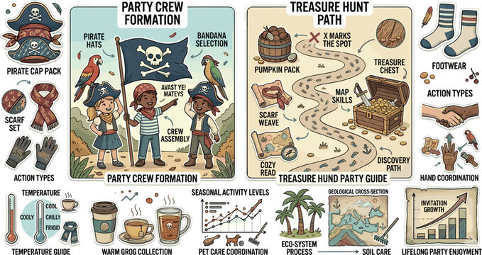 Pirate Theme Birthday Party Crew and Treasure Hunt Infographic Vector Illustration Set with Kids Map Chest Flags Icons and Activity Tracking Diagrams
