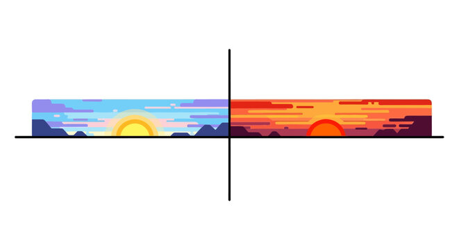 Pixel art split screen showing sunrise and sunset horizon.