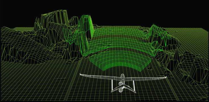 UAV performing a simulated night vision flight over rugged wireframe mountains with active scan