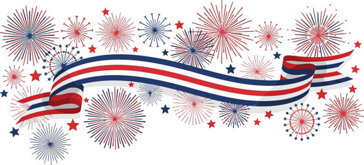 Fototapeta premium Fireworks display in red, white, and blue surrounds a central decorative ribbon for a festive presentation.