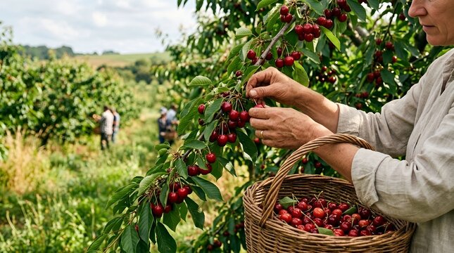Woman picking cherries in orchard with basket, close up on hands