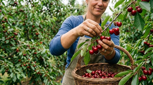 Woman picking fresh red cherries from tree into basket at orchard