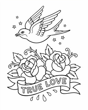 True love swallow tattoo design with roses banner