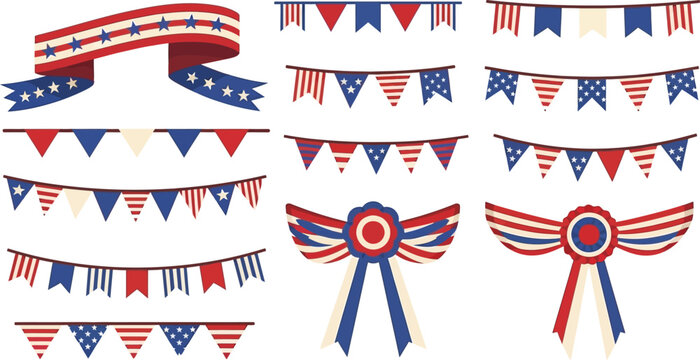 Garlands and rosettes in patriotic styles provide a versatile kit for holiday event design.